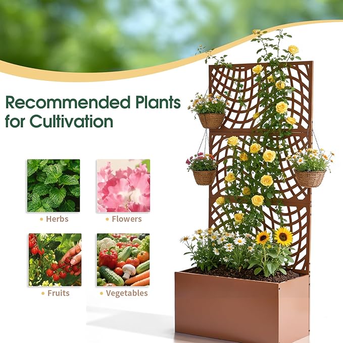 Outvita Metal Planter Box with Trellis 71’’ x 32’’ x 16’’ Raised Garden Bed with Drainage Holes for Climbing Plants Vegetables Vines Wavy Grid Cutout Privacy Planters for Patio (Brown)