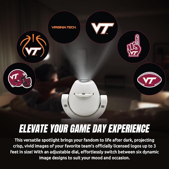 Sporticulture NCAA American Football VT Hokies - Adjustable Led Mini Spotlight Projector with 6 Team Logo Designs - Portable &amp Rechargeable Spotlight - Battery-Operated - 4.375” x 3.125”