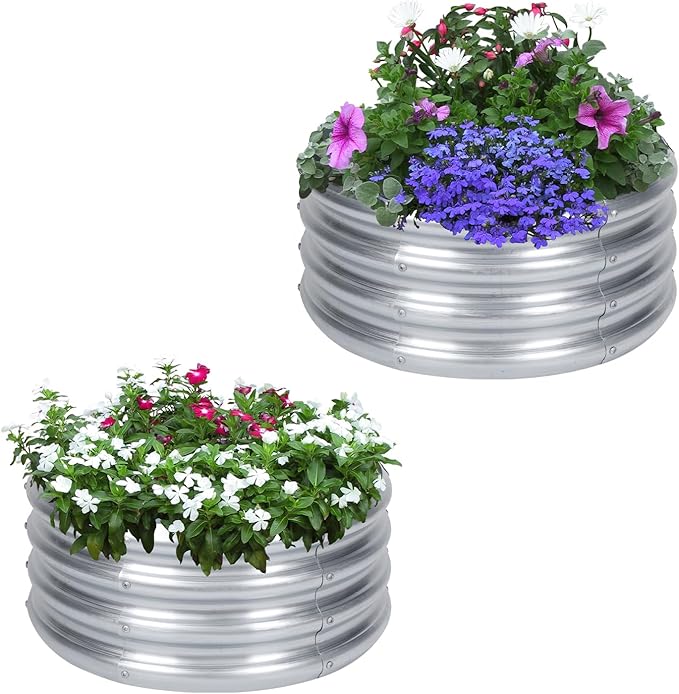 PINPON 2 Pack 2x2x1ft Round Galvanized Raised Garden Bed Outdoor Silver Metal Planter Box for Vegetables Herbs Flowers