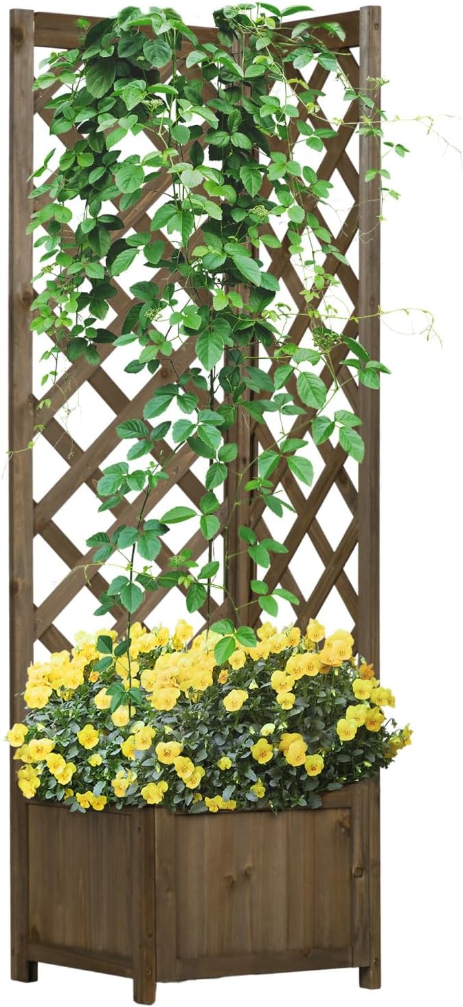 Wooden Corner Raised Garden Bed with Trellis - Vertical Planter for Climbing Vines Flowers &amp Herbs (57 High)