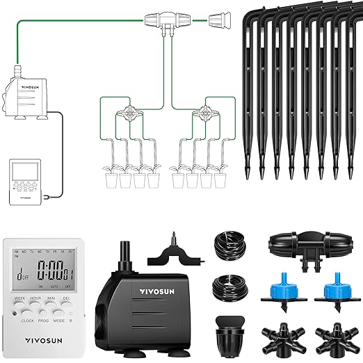 VIVOSUN Professional Automatic Drip Irrigation Kits 15W Output All in One Professional Grow Kit- Includes Pump Timer and Regulator 8 Drip Emitters Garden Plant Watering System Indoor Outdoor