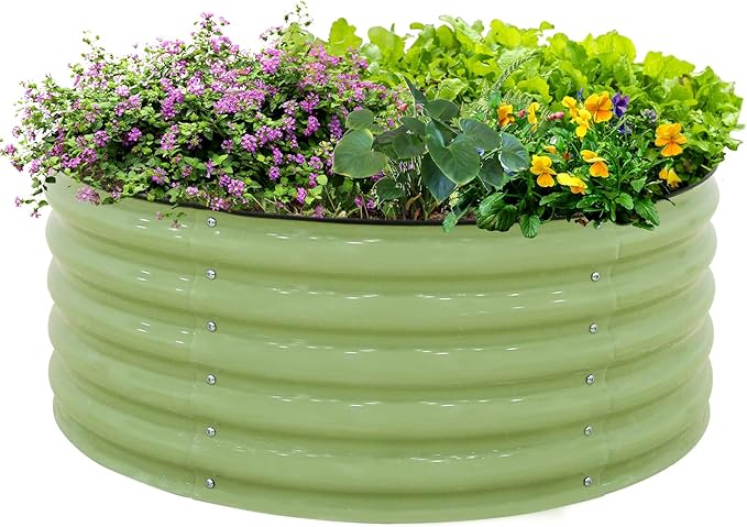 EAGLE PEAK 42'' Round 17'' Tall Raised Garden Bed Planter Outdoor Galvanized Metal Planter Box for Vegetables Flowers Herbs Olive Green