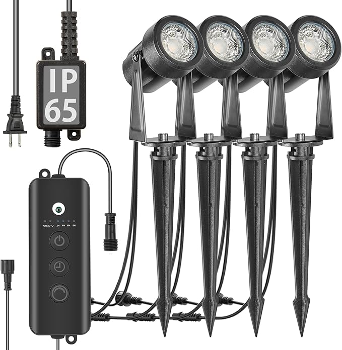 SUNTHIN 4 Pack Outdoor Landscape Lighting with Dusk to Dawn Sensor Controller Bundled 9.8FT T Shape Extension Cord