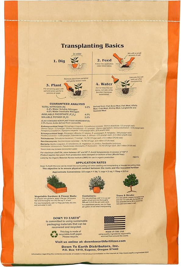 Down To Earth All Natural Fertilizers Organic Bio-Live Starter &amp Transplant Mix with Mycorrhizal Fungi and Benefical Microbes for Plant Food 5-4-2 25 lb