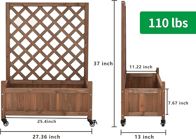 2 Pcs Wooden Planter Boxes with Trellis: Four Universal Wheels for Easy Mobility 37.6 H x 27.5 W x 13 DPerfect for Outdoor Climbing Plants on Patios Balconies &amp Gardens