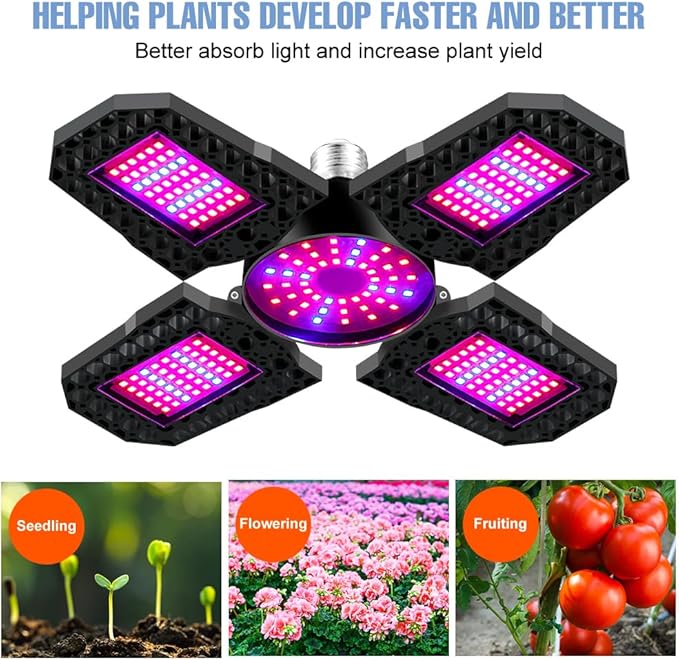 200W Deformable LED Full Spectrum Grow Lamp AC100-277V Indoor Plants Lights 4 Adjustable Panels Green Fill Lamps 110V Greenhouse Tent Hydroponics Garden Flower Seedling Red Bule Cultivation Lighting
