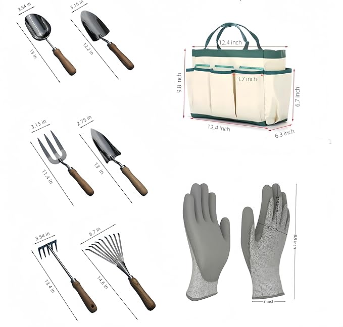 9 PCS Heavy-Duty Stainless Steel Garden Tools Set with Wood HandleGardening Set with Nylon BagPointed Shovel Graduated ShovelSoil Scoop3 Teeth Digging Fork5 Teeth rakeLeaf HarrowGarden Gloves