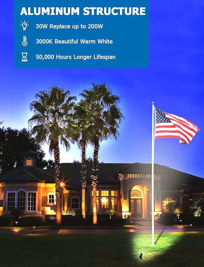 SUNVIE 30W Spot Lights Outdoor LED Spotlight 120V 3000LM Ultra Bright Flag Pole Light with Metal Stake Warm White Flood Light Landscape Lighting for Yard Flag Tree Garden 6 FT Cord with Plug 2 Pack