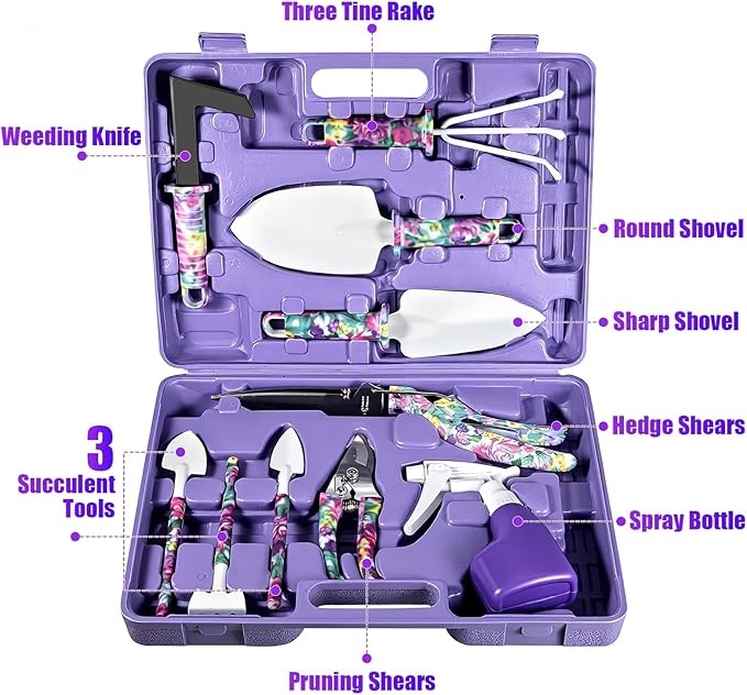10-Piece Garden Tool Set for Women Heavy Duty Gardening Kit with Floral Handle Purple Storage Case Includes Trowel Shears Rake Sprayer - Ideal Gift for Female Gardeners