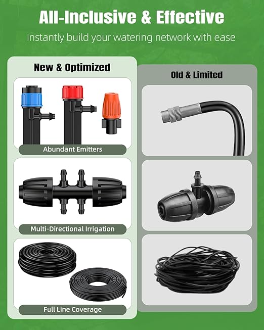 Pawfly Drip Irrigation System for Garden 240FT Drip Irrigation Kit with 1/2 &amp 1/4 Tubing Adjustable Emitters Fittings and Accessories Garden Watering System for Garden Greenhouse Lawn Yard