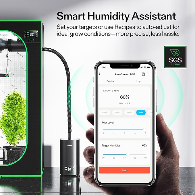 VIVOSUN AeroStream H05 Intelligent Wi-Fi Humidifier 1.32 Gal / 5 L Humidifier with Temp &amp Humidity Probe Smart Remote Control Designed for Growers (Pack of 2)