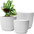 WOUSIWER Plant Pots 10/9/8 inch Set of 3 Modern Decorative Plastic Planters with Drainage Holes and Saucers for House Plants Indoor Flowers Plants White