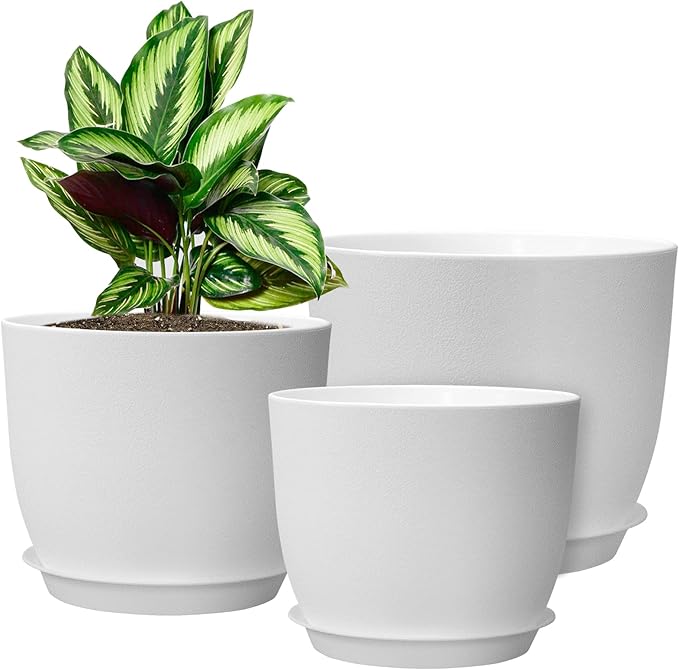 WOUSIWER Plant Pots 10/9/8 inch Set of 3 Modern Decorative Plastic Planters with Drainage Holes and Saucers for House Plants Indoor Flowers Plants White