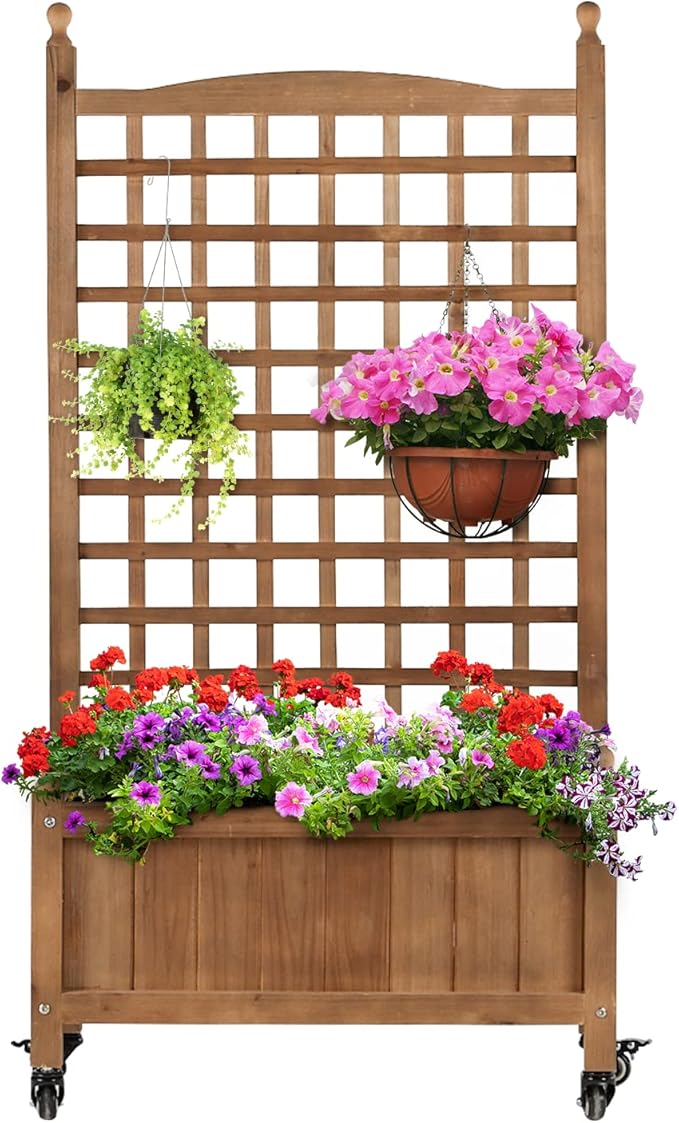 Idzo Raised Garden Bed with Trellis Durable Oil Coated Planter with Trellis 50 Inches Height Vertical Gardens Outdoors with Lockable Wheels and Convenient Non Woven Lining