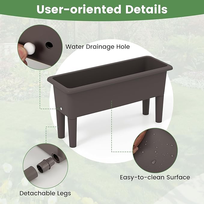 Raised Garden Bed Set of 2 31.5 x 12 x 16 Self-Watering Planter Box w/Removable Legs &amp Drainage Holes Plastic Rectangular Garden Bed for Flowers Herbs Backyard Patio Balcony (Coffee)