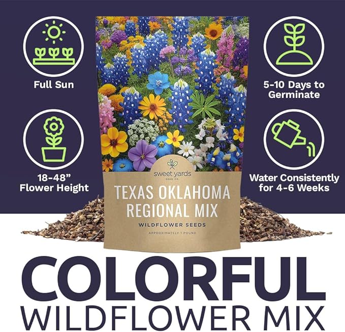 Texas Oklahoma Regional Mix Seeds for Planting - Bulk 1 Pound Bag - Over 240000 Native Seeds - Open Pollinated and Non GMO