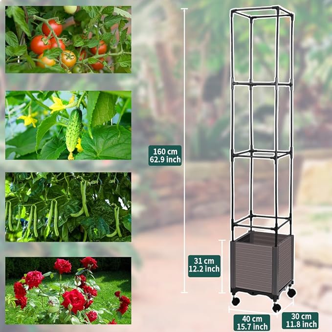 Tomato Cage with Trellis 62 H Wheeled Tomato Planter Box Outdoor for Climbing Plants Flowers Potato Vine Vegetables Portable Self Watering Raised Garden Bed for Patio Greenhouse