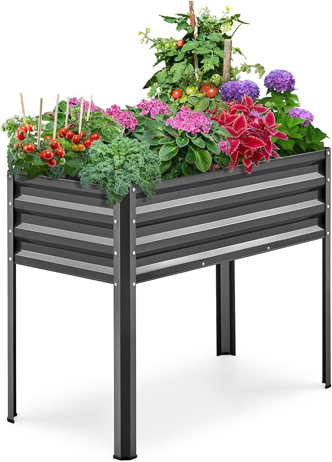 KING BIRD Raised Garden Bed with Legs Galvanized Elevated Planter Box for Backyard Patio Balcony 33.9x17.6x31.5 in Dark Gray