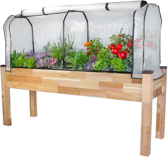CedarCraft Elevated Cedar Planter (23” x 72” x 30H) + Greenhouse Cover - Complete Raised Garden kit to Grow Tomatoes Veggies - Herbs. Greenhouse extends Growing Season Protects Plants