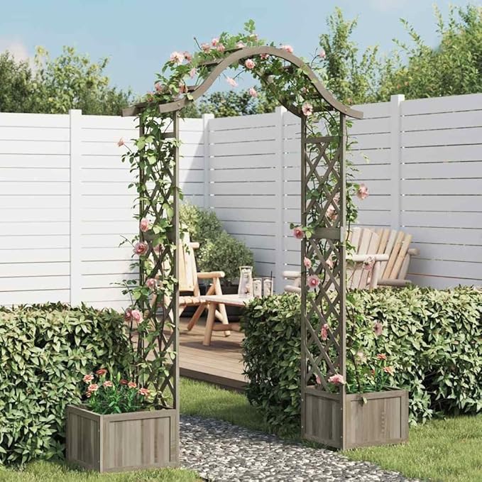 Wooden Garden Pergola with Planter Solid Firwood Planter with Trellis Outdoor Raised Garden Bed for Plants Hanging Flower Baskets Gray-251