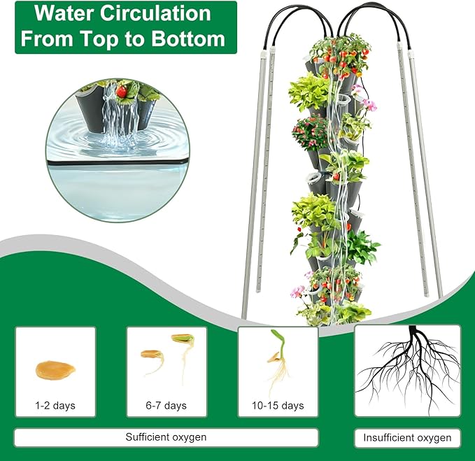 40-Hole Hydroponic Growing Tower with LED Grow Lights &amp Auto Water Pump - 59'' Indoor/Outdoor Vertical Garden System Kit for Vegetables Herbs Strawberries - Space-Saving Wheeled Soil-Free (Gre