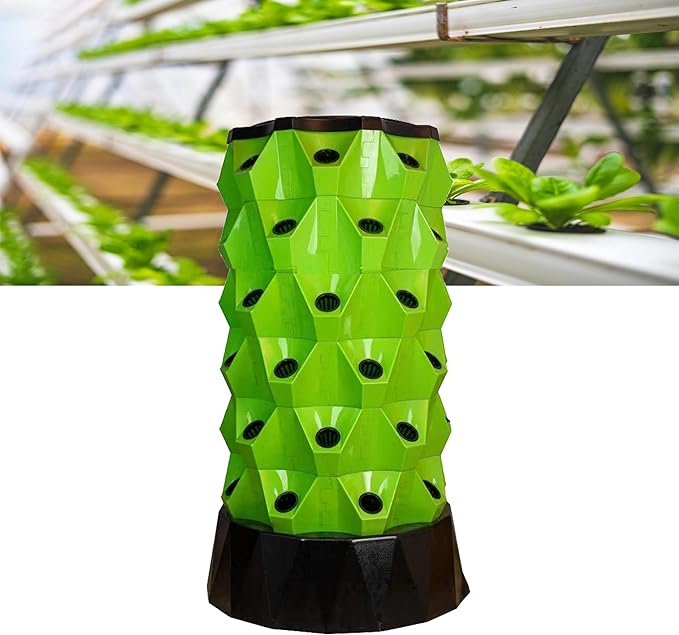 Hydroponics Indoor Garden Growing Sys-tem Hydroponics Tower Aeroponic Garden Tower with Hydrating Pump Adapter Seeding Bed &amp Net PotsGreen-48holes
