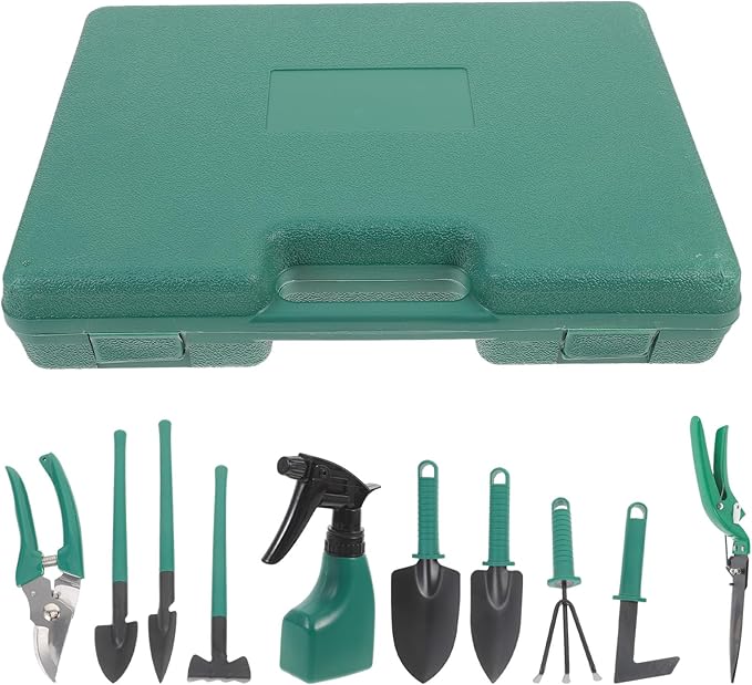 Ciieeo 10pcs Metal Garden Tool Set with Carrying Case Including Flower Planting Shovels Handle Rake and Pruning Shears for Gardening and Lawn Care Tasks