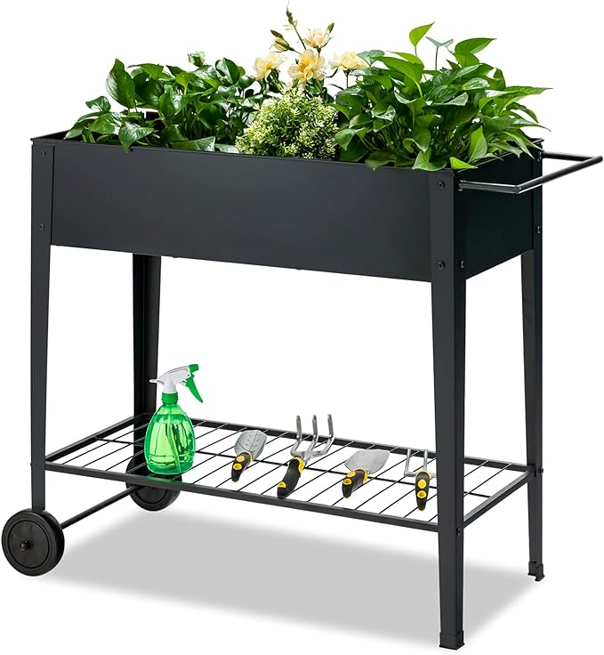 TANGZON Mobile Raised Garden Bed Metal Elevated Flower Vegetable Herb Planter Box with 2 Wheels Bottom Shelf &amp Ergonomic Handle Outdoor Grow Bed for Backyard Patio