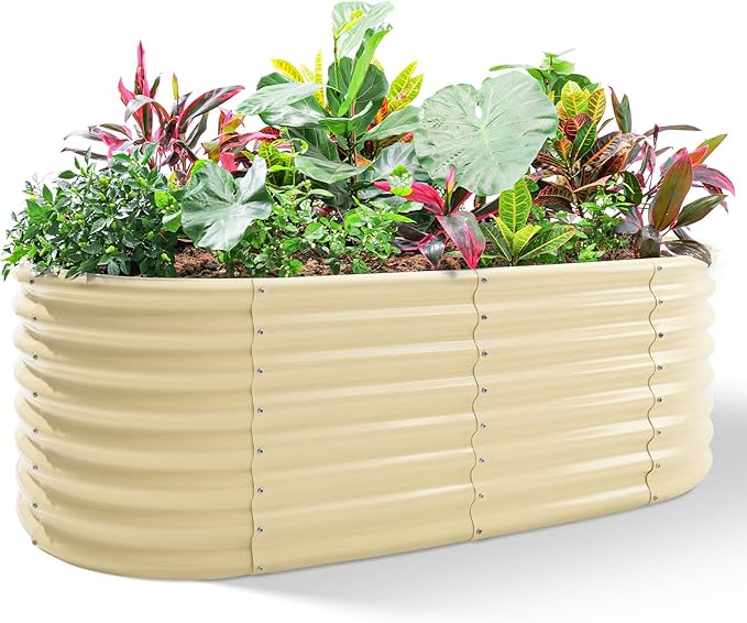 Land Guard 24“ Tall 4×2ft Galvanized Raised Garden Bed Kit Galvanized Planter Garden Boxes Outdoor Oval Large Metal Raised Garden Bed for Vegetables (Cream Yellow 4×2×2ft)