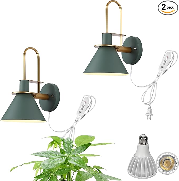 2-Pack Hook Type Wall Mounted Plant Light Full Spectrum White Light 6000K 25W Bulb Modern Green Metal Timing Plug in Cord Wall Lamp for Indoor Growing Plants Flowers