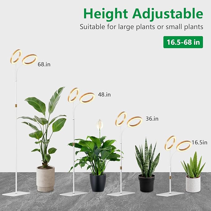 Dual Head Grow Light for Indoor Plants Full Spectrum-Floor Standing Plant Lamp with Auto Timer 6/12/18H 5-Level Dimmable &amp Adjustable Height 16.5-68in for Large Tall Plants | Faux Wood Design