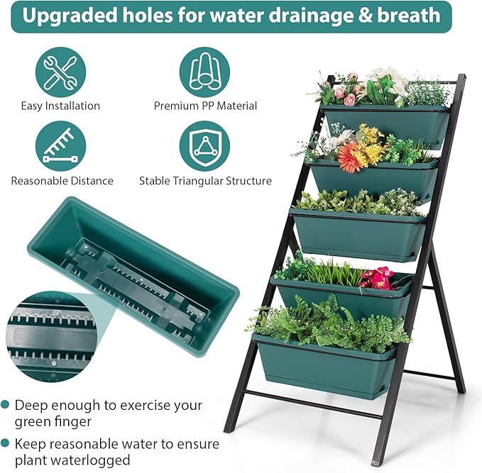 Giantex Set of 2 Vertical Planter Raised Bed Elevated Garden Beds with Water Drainage Hole Freestanding 5 Container Boxes for Herb Vegetables Flowers Growing Outdoor Indoor Patio Balcony