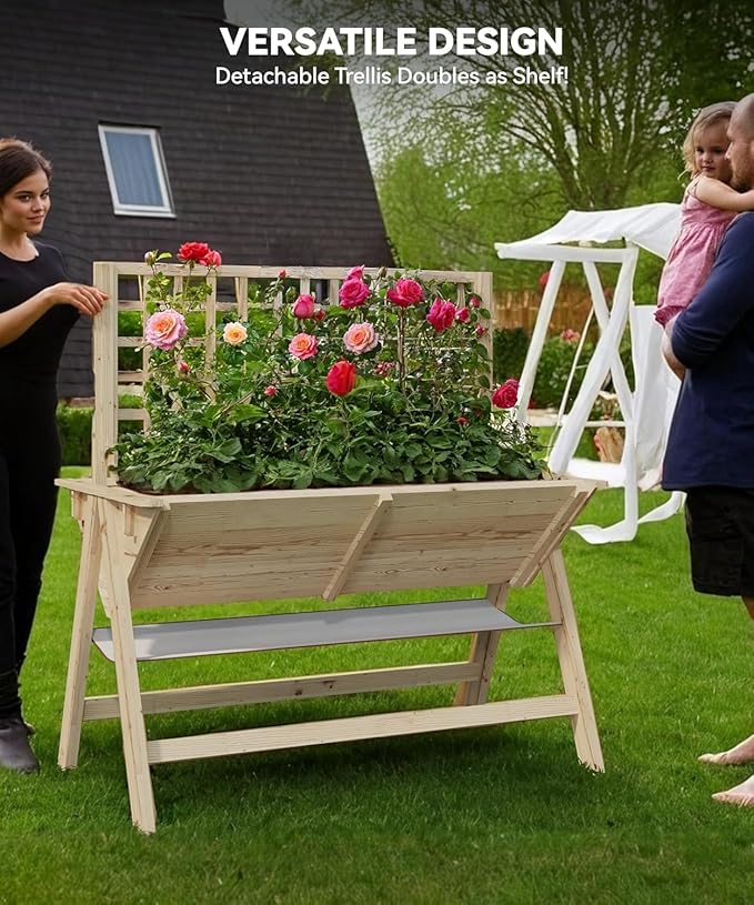 Raised Garden Bed with Legs 52x30x54In Wooden Planter Box with Trellis Outdoor Standing Vertical Horticulture Trellis Planter with Drainage Holes for Vegetables Flowers and Herbs Natural