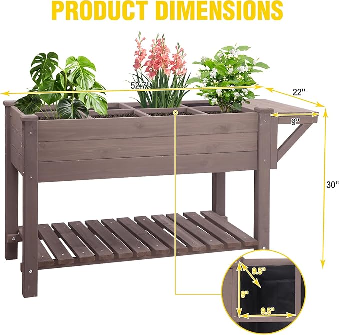 Aivituvin Raised Garden Bed on Wheels Elevated Plant Boxes Outdoor Large with Grow Grid - with Large Storage Shelf 52.7 x 22 x 30