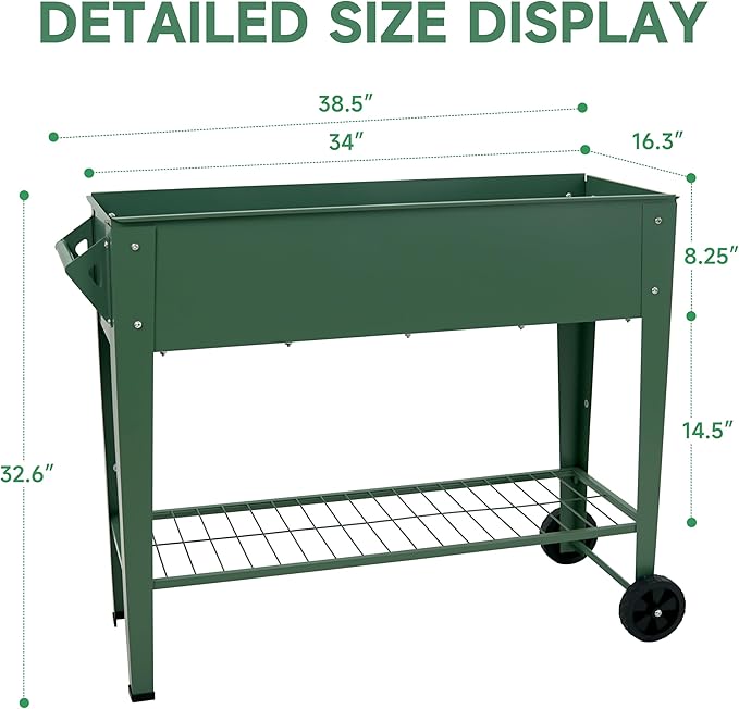 Raised Garden Bed with Legs and Wheels Removable for Outdoor 31.6 * 14.6'' Metal Planter Raised Box for Growing Vegetables Herb Flower in Patio (Green)