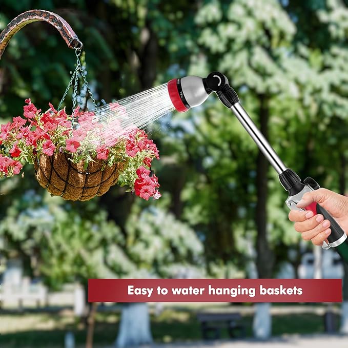 RESTMO Metal Watering Wand Heavy Duty Garden Hose Wand with 180° Swivel Ratcheting Head 16'' Hose Nozzle Sprayer with 7 Spray Patterns and Flow Control for Water Hanging Baskets and Shrubs Red