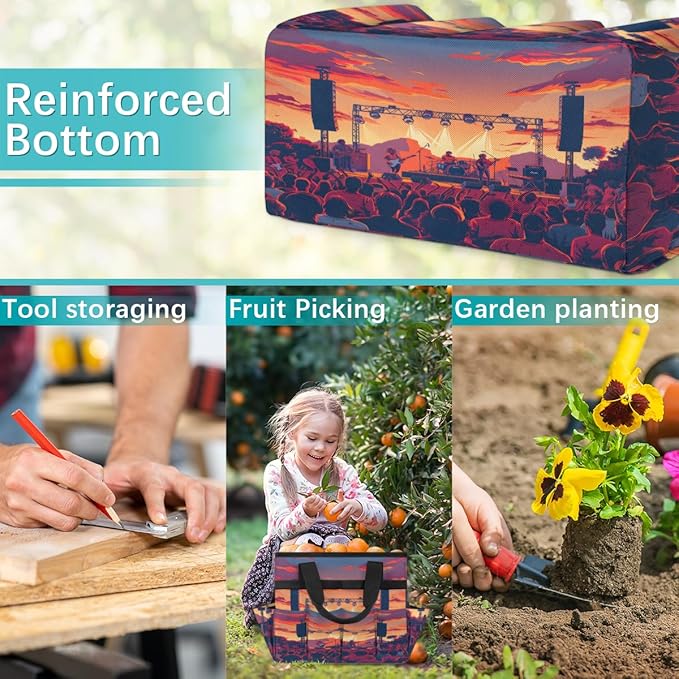 Sunset Music Festival Pattern Garden Tool Bag for Women Men Garden Storage Tote Bag with 10 Pockets &amp Handle Gardening Tool Organizer for Garden Patio Indoor Outdoor