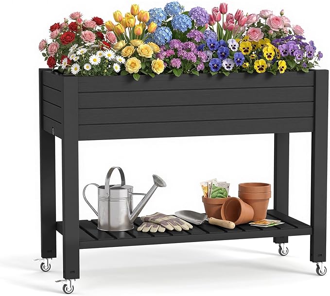 Vixzen Raised Garden Bed OutdoorReinforced Large Planter Box with Wheels &amp Storage ShelfMobile Planter Bed Box for Backyard Patio Balcony (Black 21Gal（43.31×17.72×33.66）)