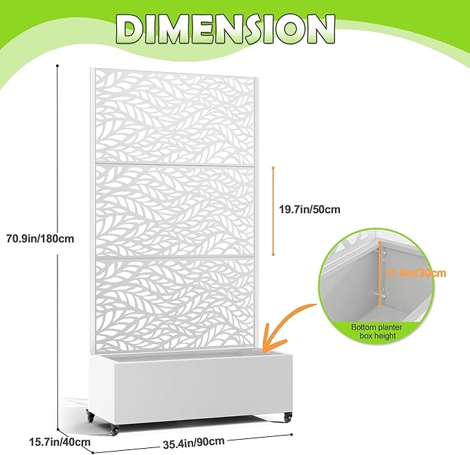 15.7×70.9×35.4 Metal Raised Garden Bed with Trellis and Wheels - Tall Trellis Planter Box for Climbing Plants Vegetables &amp Vines - Outdoor Privacy Planters for Patio (White-Spring)