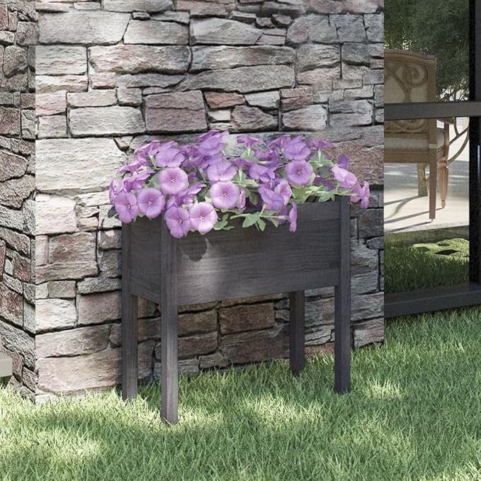 Garden Planter Grey Solid Pinewood Medium Garden Planter Outdoor Rectangular Raised Bed for Flowers Vegetables Patio and Backyard Decor 27.6 Inch Wide