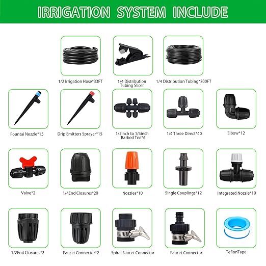 Upgraded Drip Irrigation System 233FT Automatic Irrigation System Watering Misting System for Greenhouse/Garden/Yard/Lawn Micro Drip Irrigation Kit with 1/4 inch 1/2 inch Irrigation Tubing