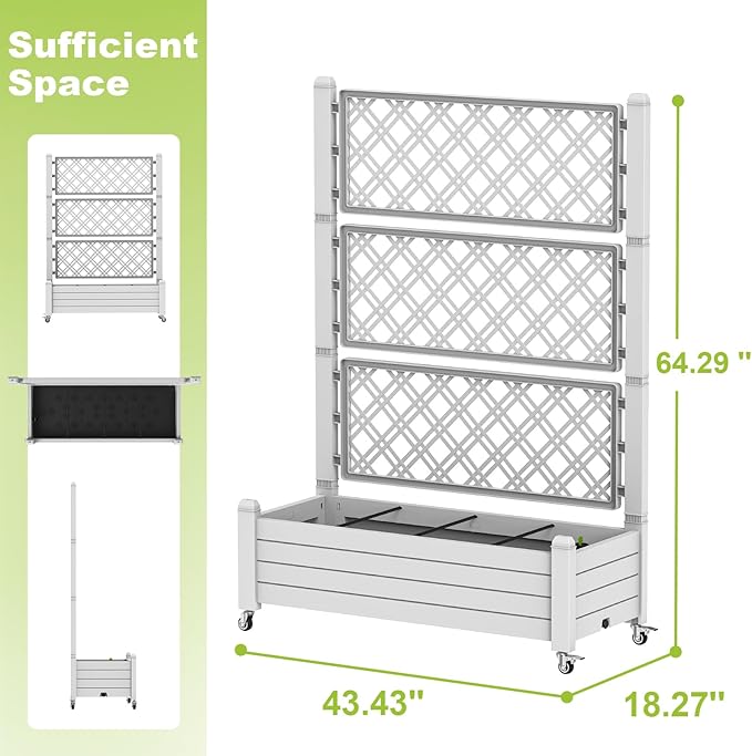 Vixzen 64 Tall Raised Garden BedOutdoor Large Resin Planter Box with Trellis and Drain Plug for Climbing PlantsEasy to AssembleWater MonitorMobility(Ashen 43.43×18.27×64.29)