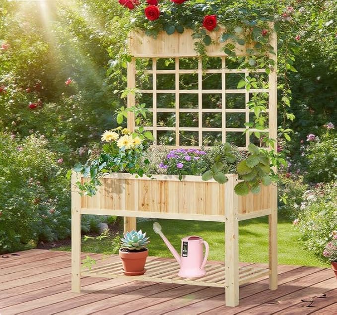 Wooden Raised Garden Bed Coutryside Style Elevated Planter Box Stand w