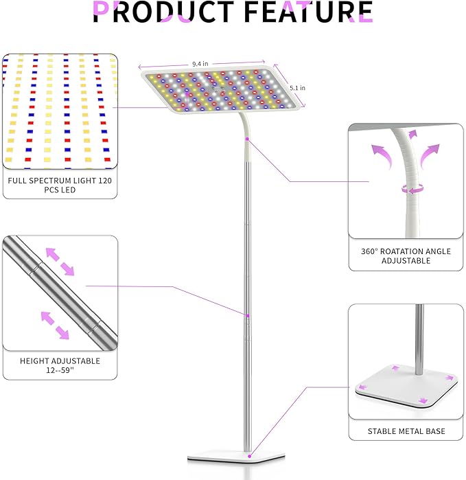 BESTVA 18W Grow Lights for Indoor Plants with Stand Full Spectrum LED Plant Light for Indoor Plants12-59 Inches Height Adjustable Growing Lamp with Auto On/Off Timer 4H/8H/12H 4 Dimmable Brightnes