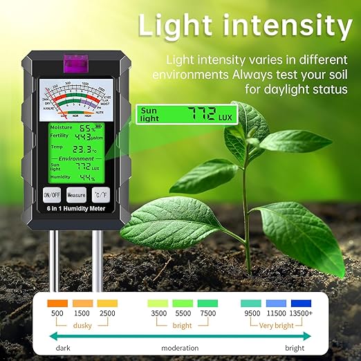6-in-1 Soil Moisture Meter Hygrometer for Plants with Soil Moisture PH Meter Temperature Sunlight Fertility Environmental for Farming Gardening (2*AAA Battery Needed)