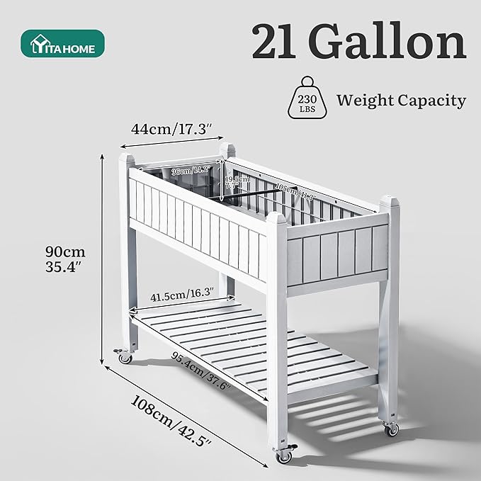 YITAHOME 42.5x17.3x35.4 in Raised Garden Bed Outdoor Plastic Planter Box with Wheels Legs Drain Plug and Storage Shelf for Plants Vegetables Flowers Herbs White