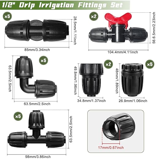 24 Pack 1/2 Inch Drip Irrigation Fittings Kits 3/4 to 1/2 Adapter and Tee | Elbow | Coupler Connectors | End Caps | Shut Off Valve for 1/2 Drip Irrigation Tubing Anti-Leak Drip Irrigation Parts