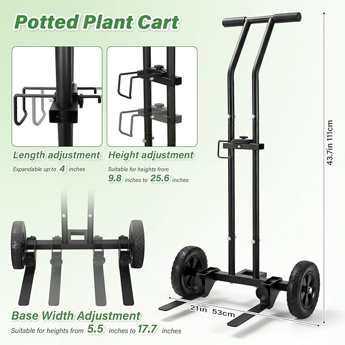 Adjustable Plant Caddy with Wheels Heavy Duty Plant Dolly Cart w/Grab Arm and Strap Dual Protection Garden Potted Plant Mover Dolly for Planter Flower Pots Indoor Outdoor Supports 175lbs Black