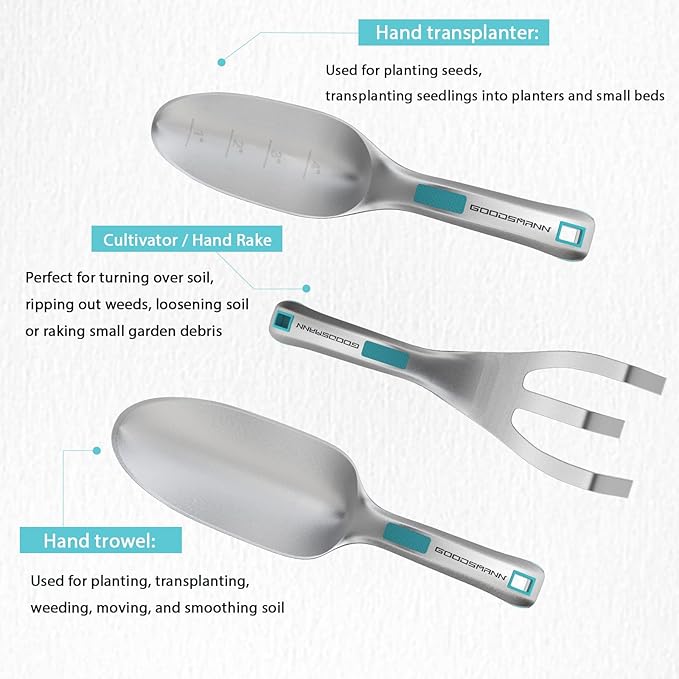 Garden Tool Set Die-cast Aluminum Gardening Hand Tools Tools 3 Piece by GOODSMANN Includes Hand Trowel Transplant Trowel Silver &amp Blue 9149-24301-03A 0