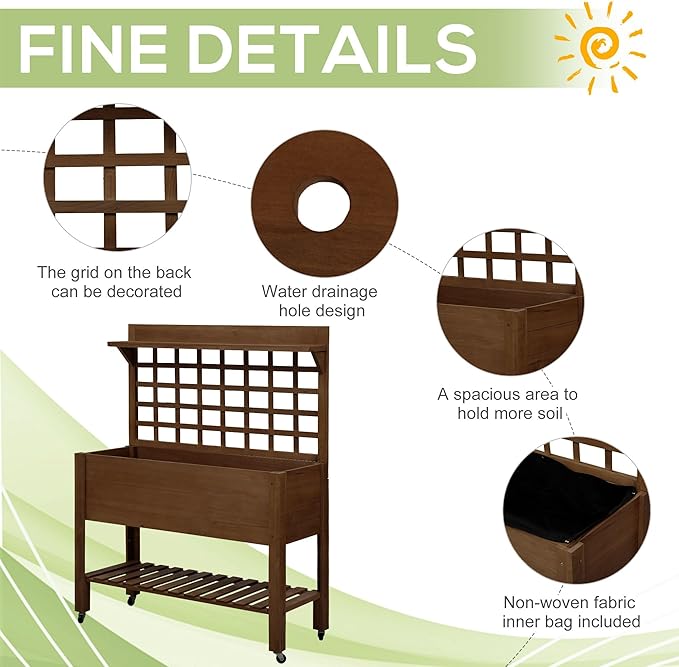 3.5ftx2.5ft Robust Premium Heavy-Duty Eco-Friendly Durable Natural Wooden Raised Garden Bed with Wheels Trellis Storage Shelf Dark Brown